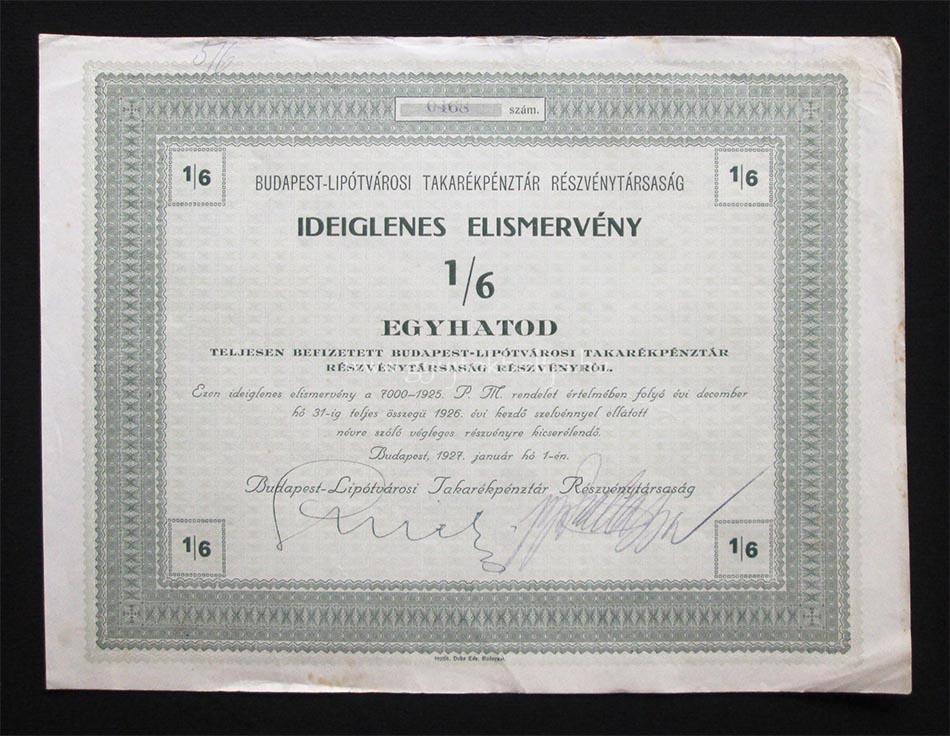 Budapest-Lipótvárosi Takarékpénztár részvény elismervény 1927